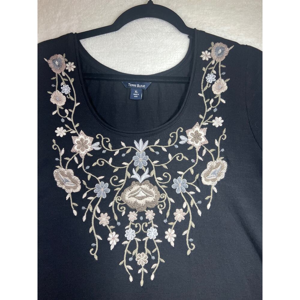 Terre Bleue Black Grey Floral Embroidery Boho Cotton Tunic Top Women XL * - Picture 5 of 9